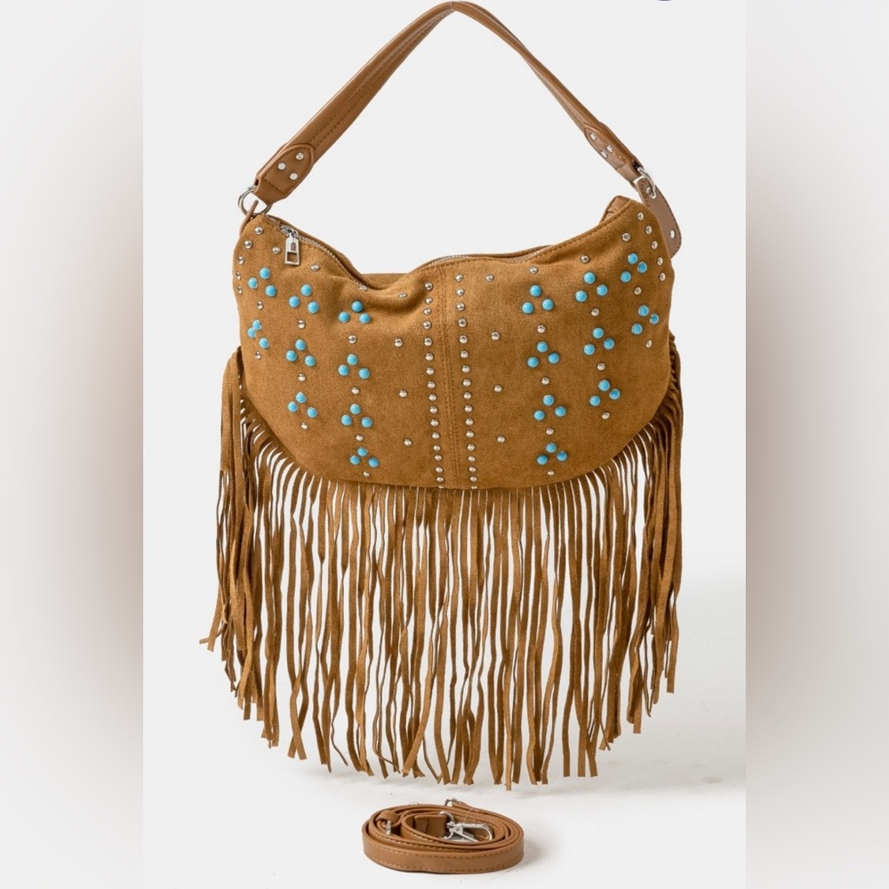 Studded Multi Pattern Fringe Hobo Shoulder Bag
